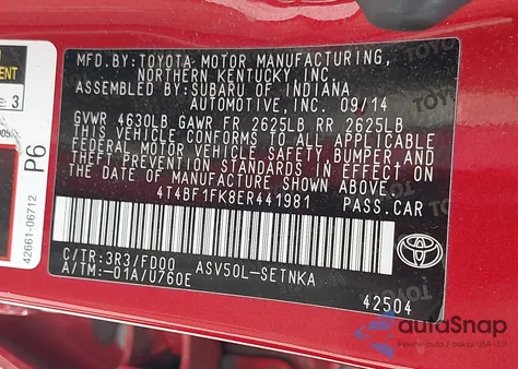 2014 Toyota Camry L/Se/Le/Xle z USA, uszkodzony, nr VIN 4T4BF1FK8ER441981